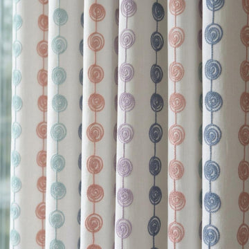 Soft White Linen Curtains, Aqua Peach Lilac & Blue Spiral Embroidery, Custom Blackout Nursery Drapes — image 1