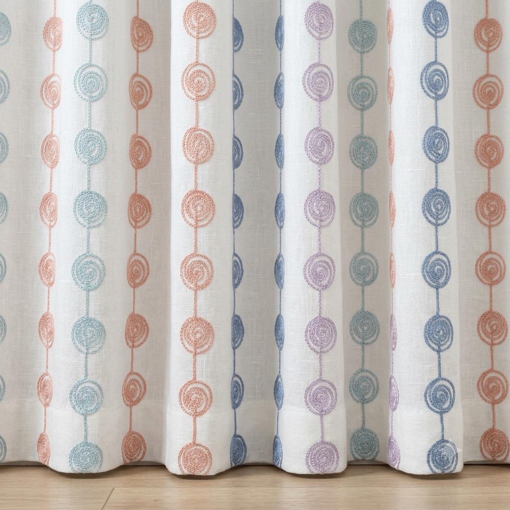 Soft White Linen Curtains, Aqua Peach Lilac & Blue Spiral Embroidery, Custom Blackout Nursery Drapes — image 4