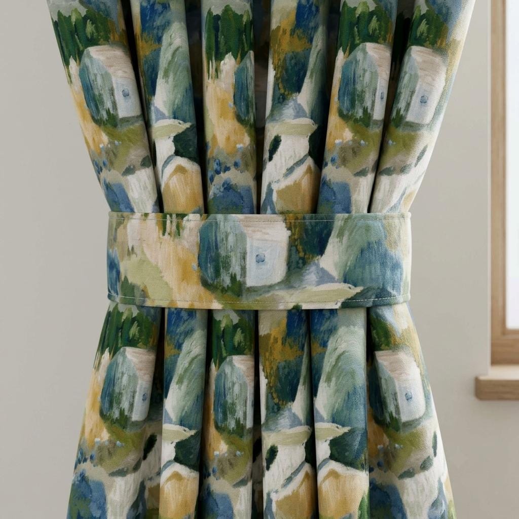 Blue Green Mustard Linen Curtains, Abstract Watercolor Landscape Print, Custom Nursery Drapes, Blackout Option — image 2