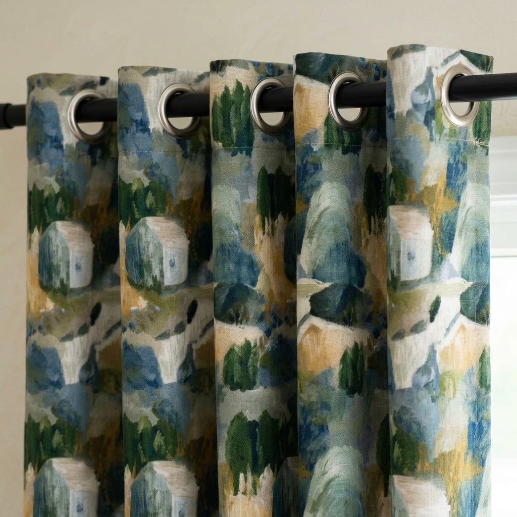 Blue Green Mustard Linen Curtains, Abstract Watercolor Landscape Print, Custom Nursery Drapes, Blackout Option — image 4