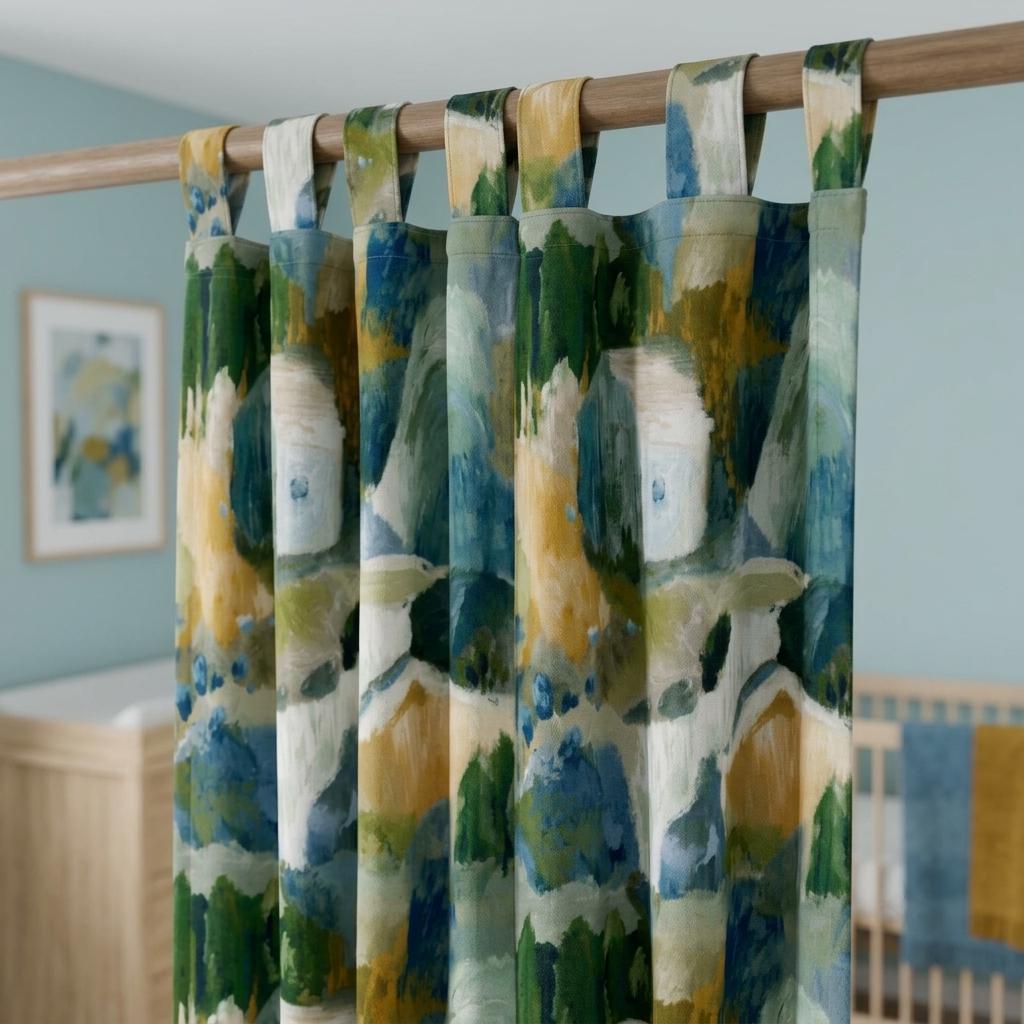 Blue Green Mustard Linen Curtains, Abstract Watercolor Landscape Print, Custom Nursery Drapes, Blackout Option — image 9