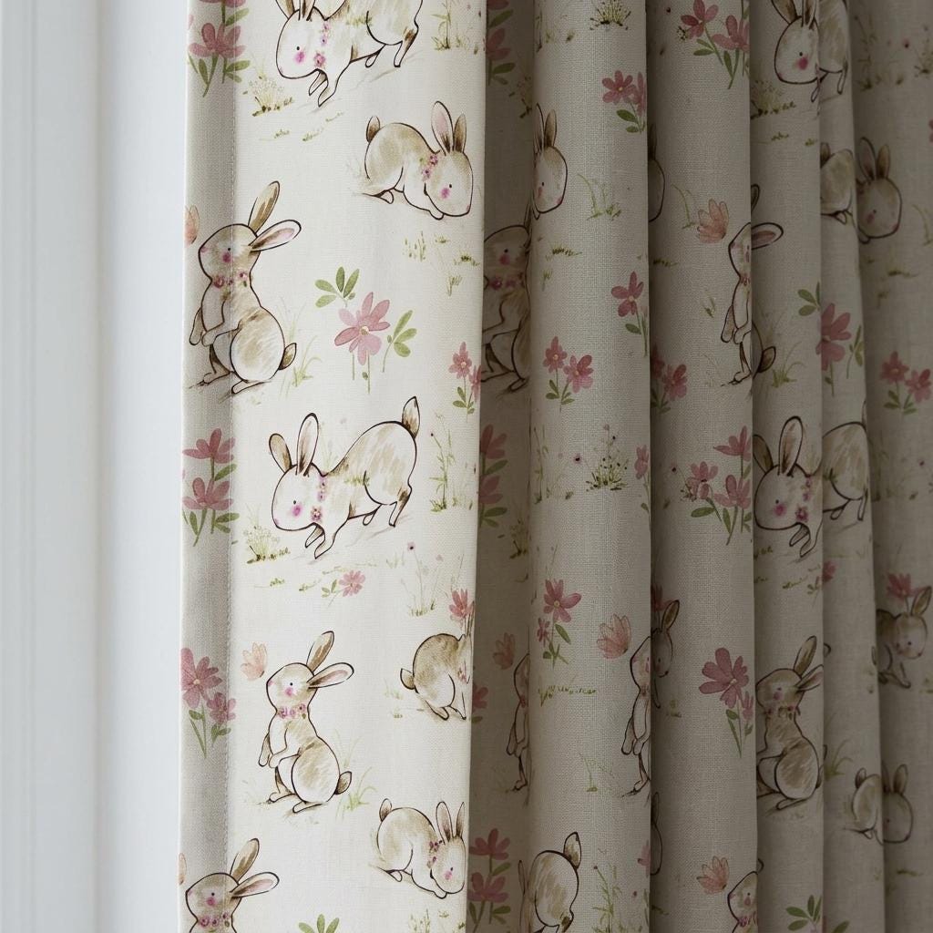 Ivory Bunny Linen Curtains, Blush Watercolor Floral Print, Custom Woodland Nursery Drapes, Blackout Option — image 1