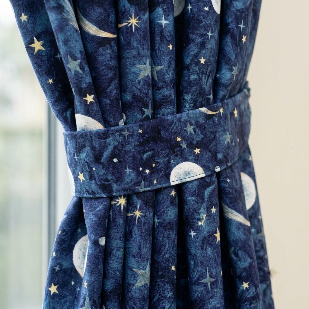 Navy Moon and Stars Printed Linen Curtains, Teal Gold Celestial Nursery Drapes, Blackout Option — image 1