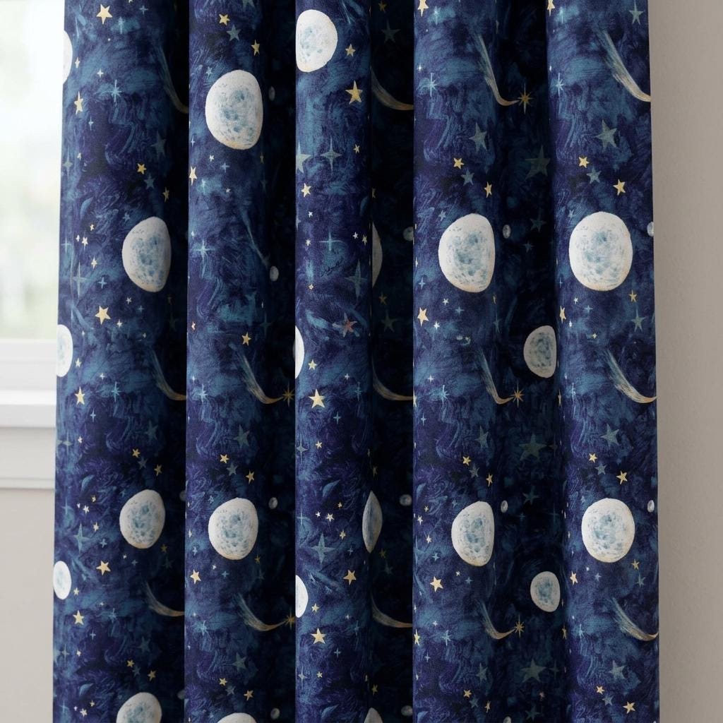 Navy Moon and Stars Printed Linen Curtains, Teal Gold Celestial Nursery Drapes, Blackout Option — image 1
