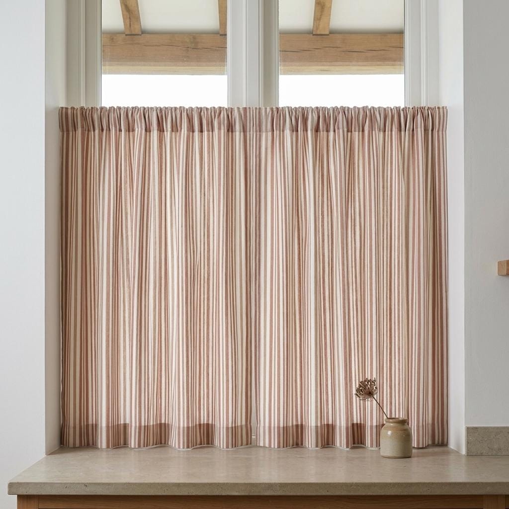 Farmhouse Stripe Linen Curtains, Oatmeal Base with Terracotta & Sand (Single or Pair) — image 8