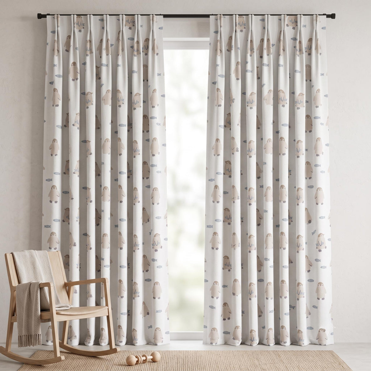 Penguin Linen Nursery Curtains, Soft White with Taupe Penguins & Blue-Gray Fish, Custom Blackout Option — image 10