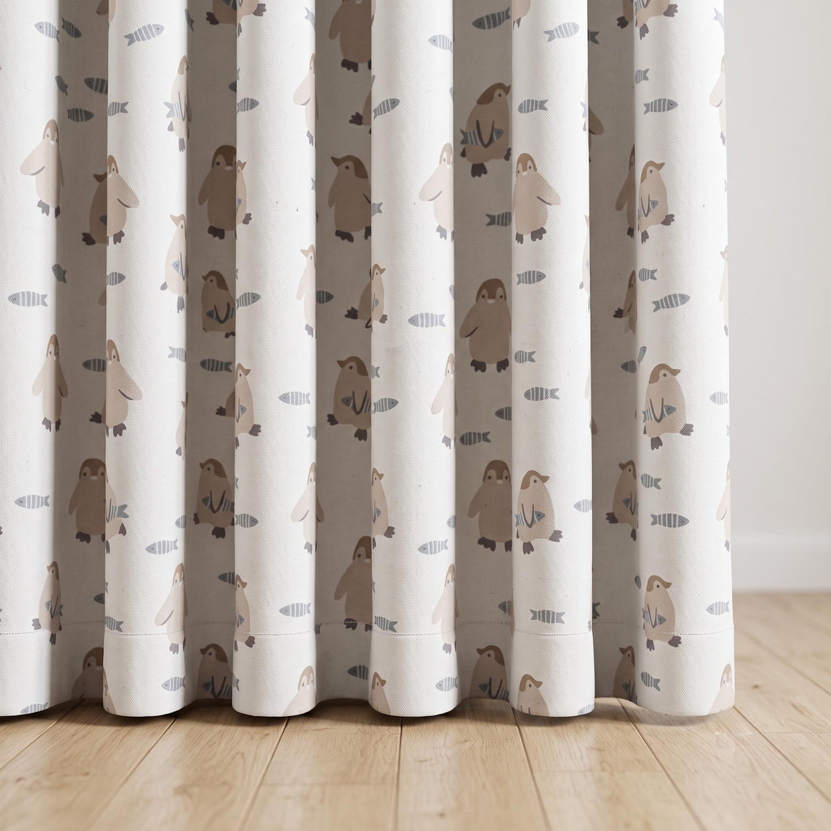 Penguin Linen Nursery Curtains, Soft White with Taupe Penguins & Blue-Gray Fish, Custom Blackout Option — image 5