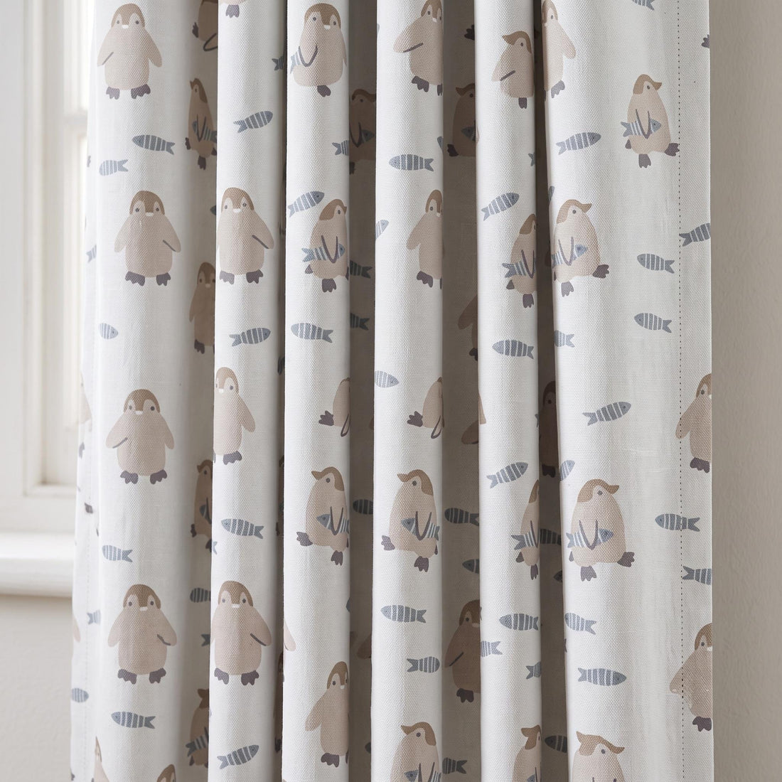 Penguin Linen Nursery Curtains, Soft White with Taupe Penguins & Blue-Gray Fish, Custom Blackout Option — image 1