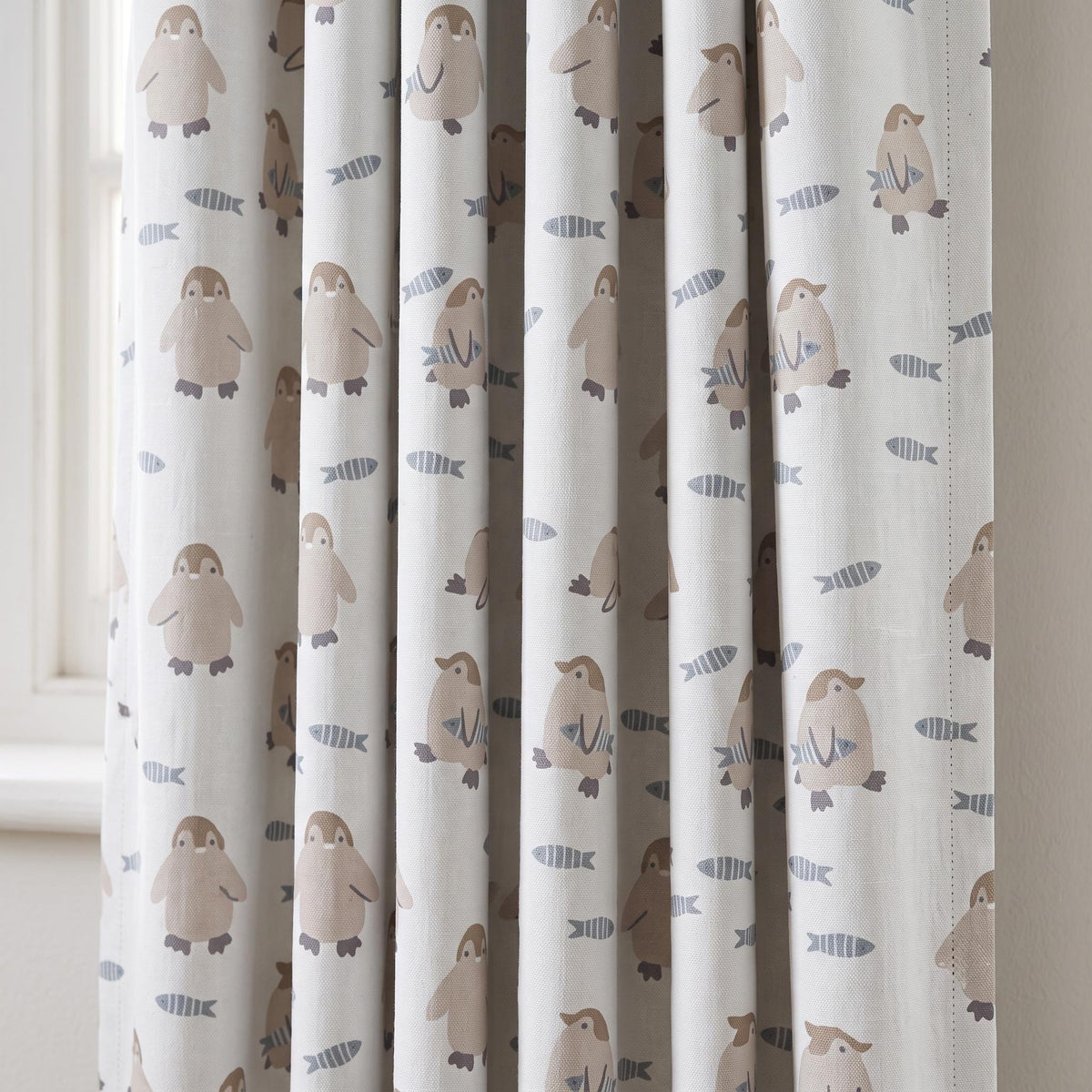 Penguin Linen Nursery Curtains, Soft White with Taupe Penguins & Blue-Gray Fish, Custom Blackout Option — image 2