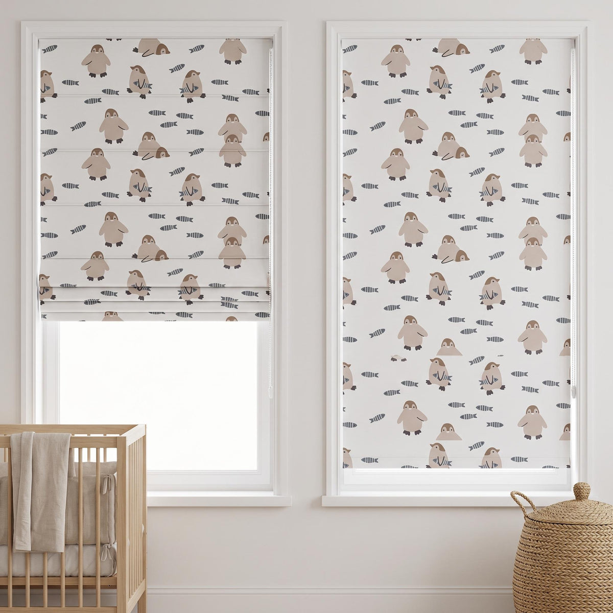 Penguin Pure Linen Roman Shade, White Taupe & Blue Gray Fish Print, Custom Nursery Blind, Blackout or Light Filtering — image 5