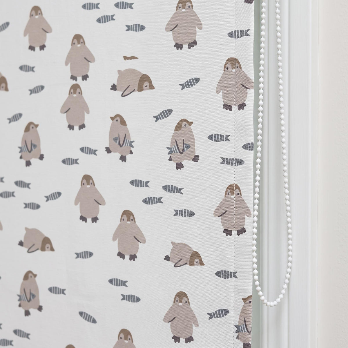 Penguin Pure Linen Roman Shade, White Taupe & Blue Gray Fish Print, Custom Nursery Blind, Blackout or Light Filtering — image 9