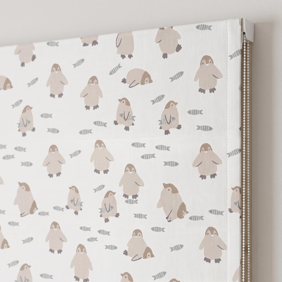Penguin Pure Linen Roman Shade, White Taupe & Blue Gray Fish Print, Custom Nursery Blind, Blackout or Light Filtering — image 3