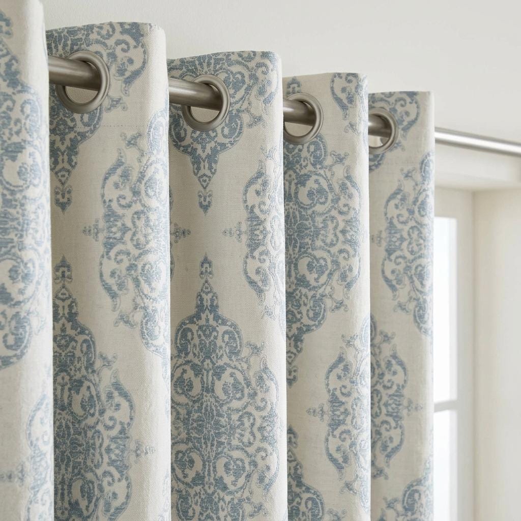 Blue & Ivory Damask Linen Jacquard Curtains, Heavy Custom Drapes, Blackout Option, Extra Long Panels — image 10