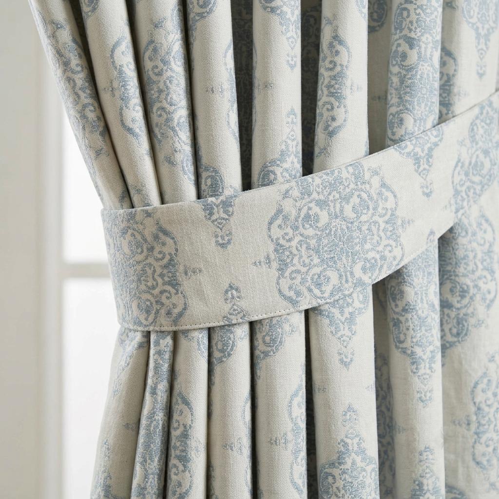 Blue & Ivory Damask Linen Jacquard Curtains, Heavy Custom Drapes, Blackout Option, Extra Long Panels — image 5