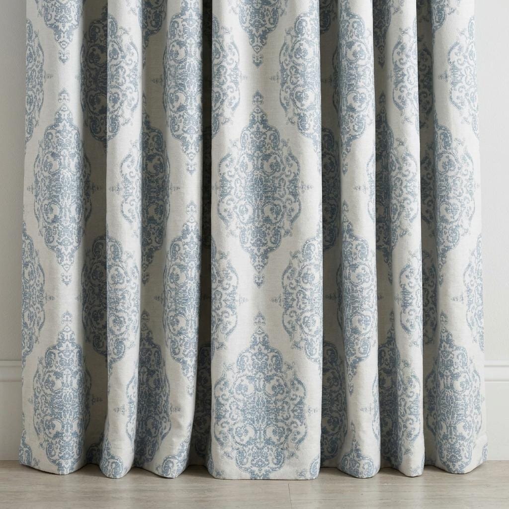 Blue & Ivory Damask Linen Jacquard Curtains, Heavy Custom Drapes, Blackout Option, Extra Long Panels — image 3