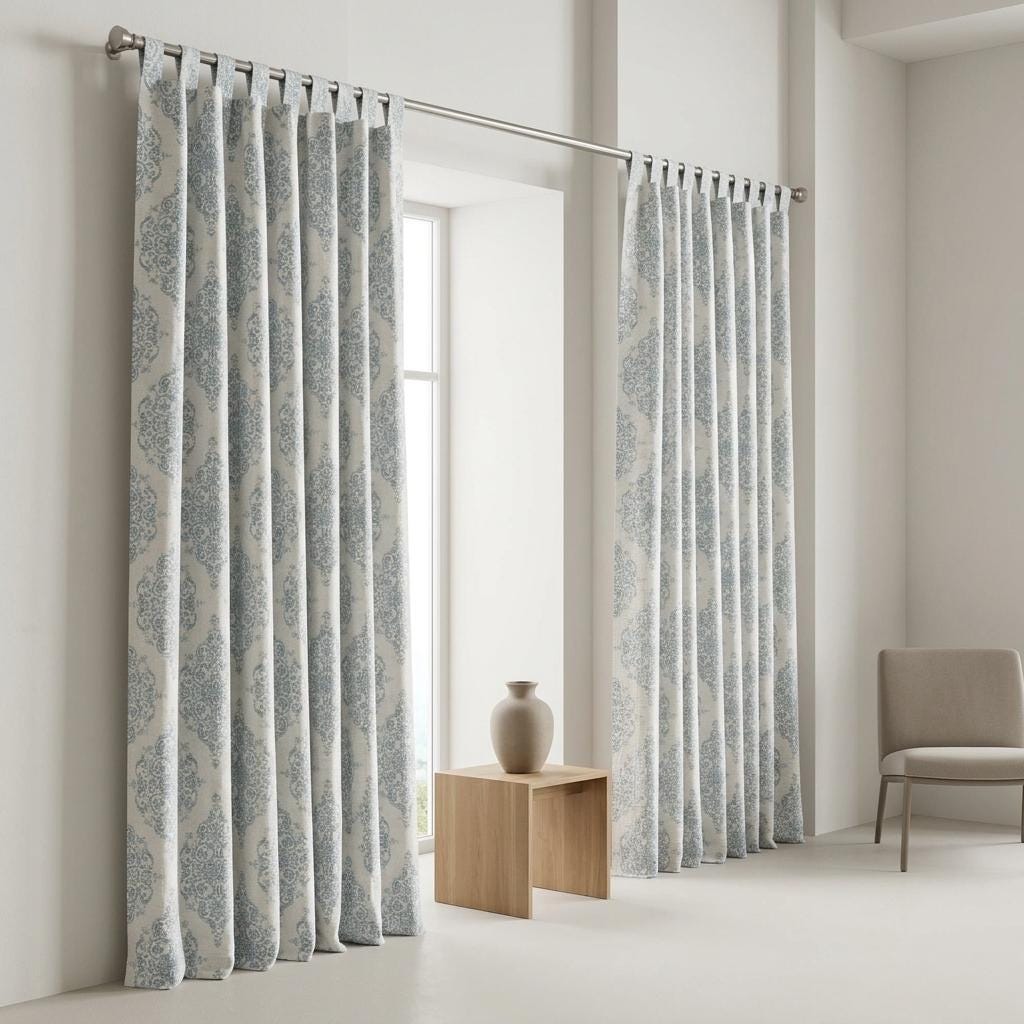 Blue & Ivory Damask Linen Jacquard Curtains, Heavy Custom Drapes, Blackout Option, Extra Long Panels — image 6
