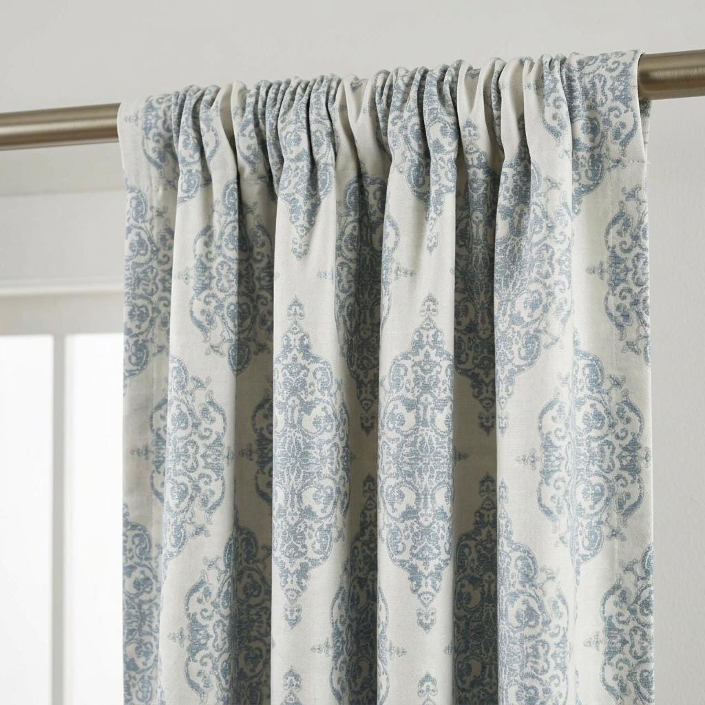 Blue & Ivory Damask Linen Jacquard Curtains, Heavy Custom Drapes, Blackout Option, Extra Long Panels — image 2