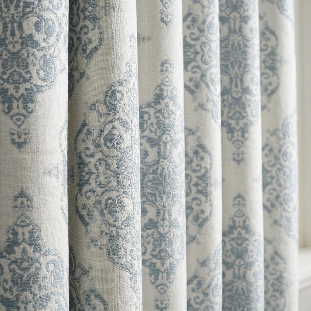 Blue & Ivory Damask Linen Jacquard Curtains, Heavy Custom Drapes, Blackout Option, Extra Long Panels — image 9