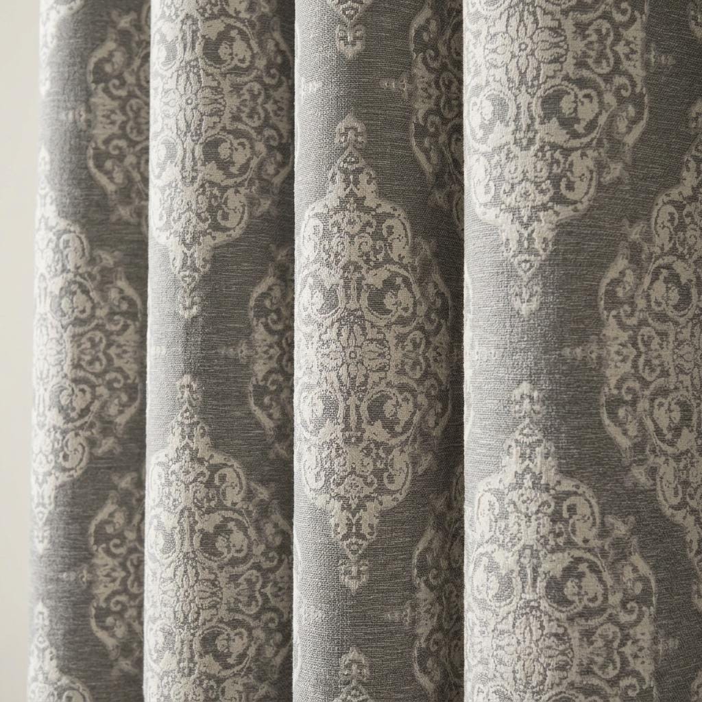 Warm Gray & Ivory Damask Linen Jacquard Curtains, Heavy Custom Drapes, Blackout Option, Extra Long Panels — image 3
