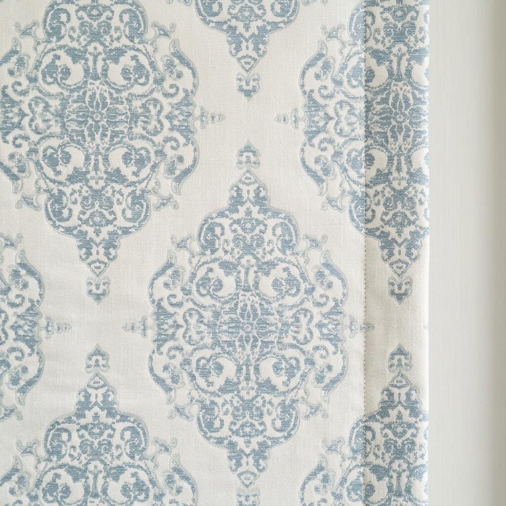 Dusty Blue Gray & Soft White Damask Jacquard Pure Linen Roman Shade, Custom Window Blind, Blackout or Light Filtering — image 5