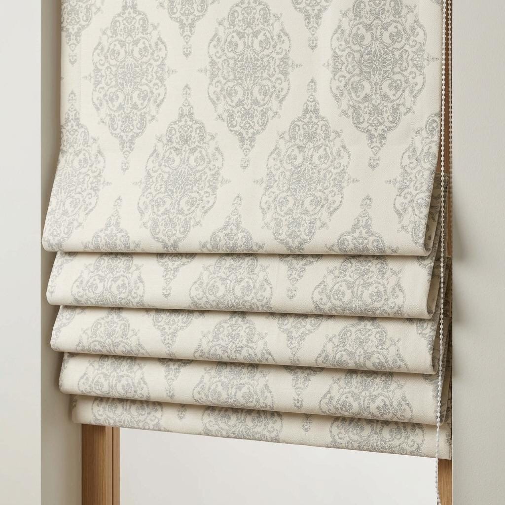 Beige Gray Damask Pure Linen Roman Shade, Custom Jacquard Roman Blind, Blackout or Light Filtering — image 1