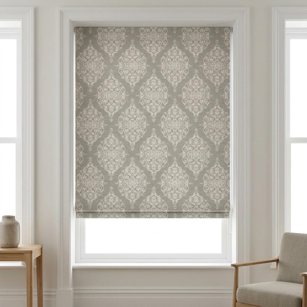 Gray Ivory Damask Pure Linen Roman Shade, Custom Jacquard Window Blind, Blackout or Light Filtering — image 2