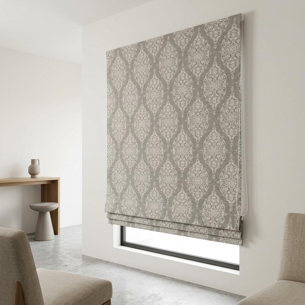 Gray Ivory Damask Pure Linen Roman Shade, Custom Jacquard Window Blind, Blackout or Light Filtering — image 6