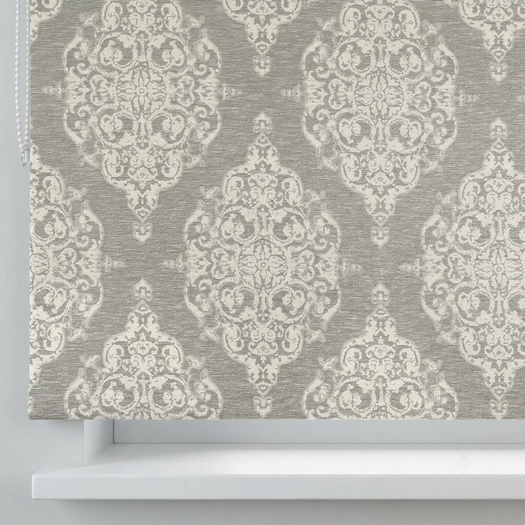 Gray Ivory Damask Pure Linen Roman Shade, Custom Jacquard Window Blind, Blackout or Light Filtering — image 5