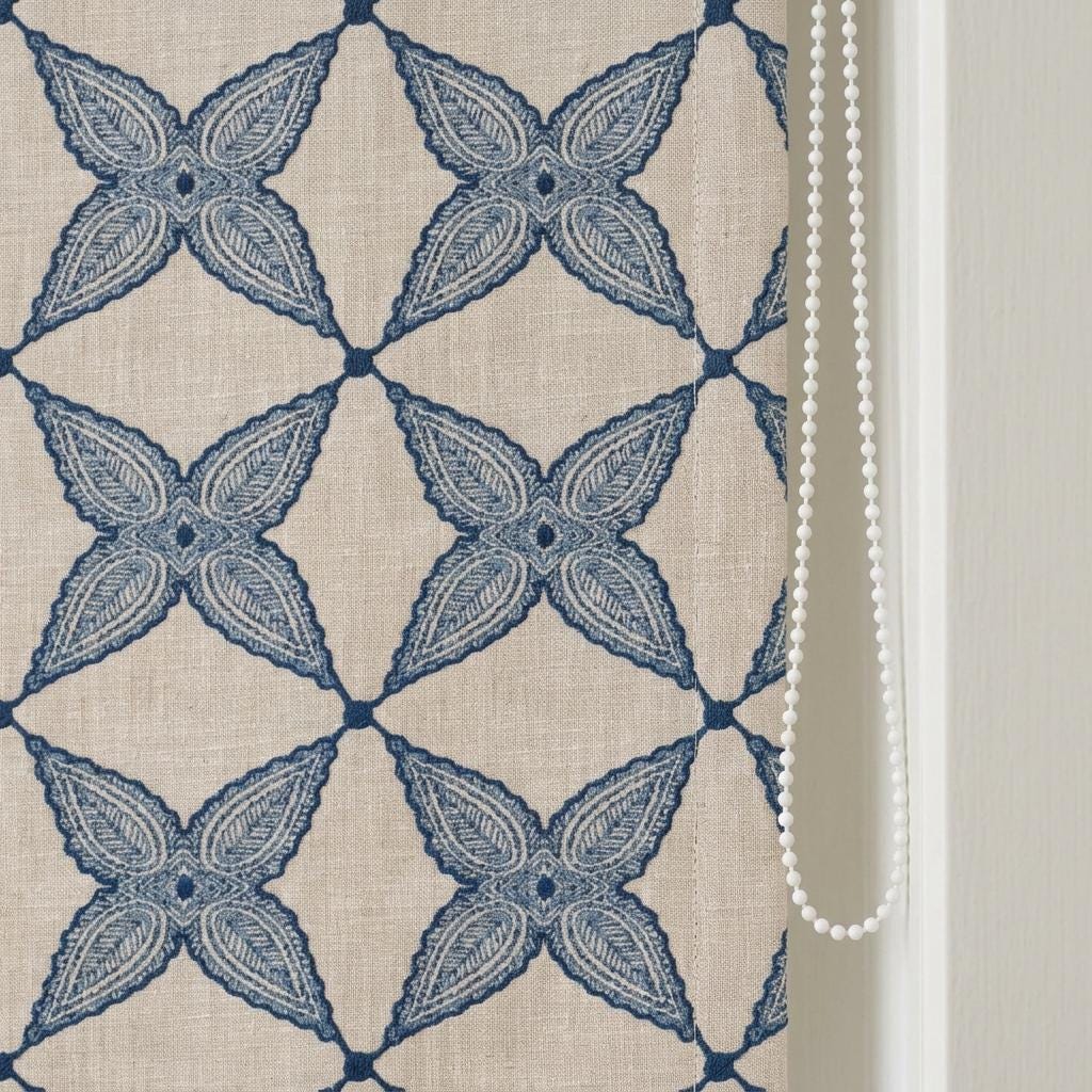Navy Blue Natural Linen Roman Shade, Embroidered Geometric Floral Custom Blind, Blackout or Light Filtering — image 7