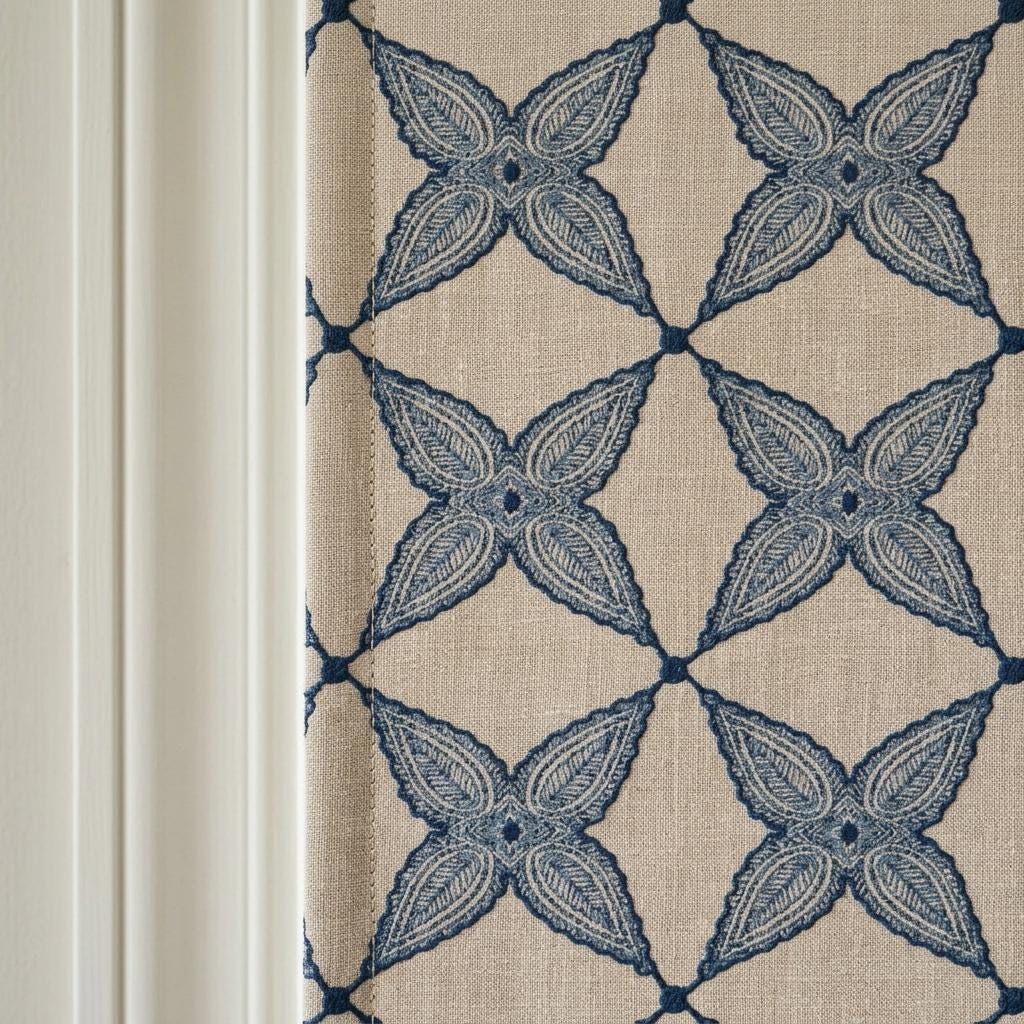 Navy Blue Natural Linen Roman Shade, Embroidered Geometric Floral Custom Blind, Blackout or Light Filtering — image 3
