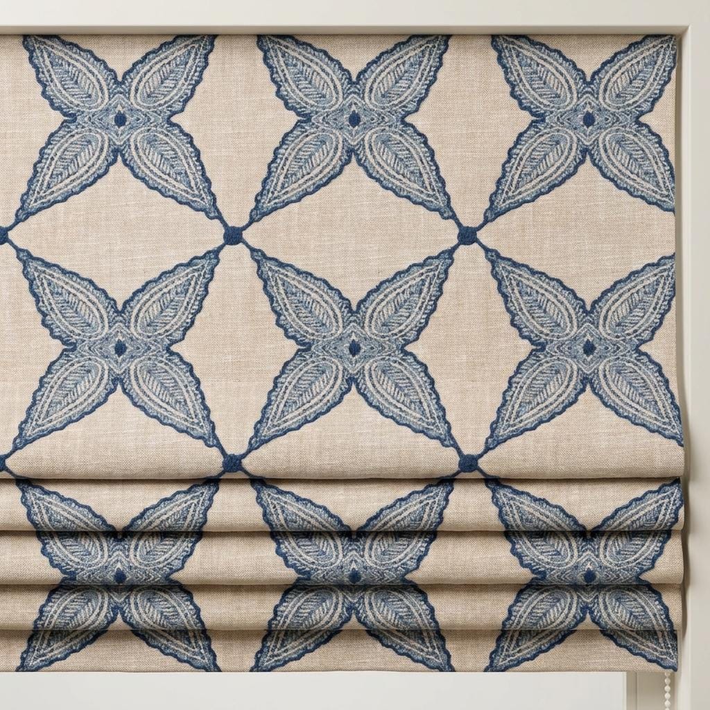 Navy Blue Natural Linen Roman Shade, Embroidered Geometric Floral Custom Blind, Blackout or Light Filtering — image 4