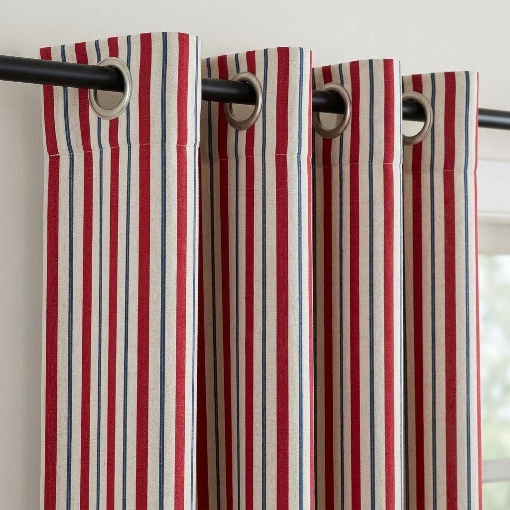 Red Navy Blue Pure Linen Stripe Curtains, Cream Farmhouse Drapes, Custom Blackout or Light Filtering — image 3