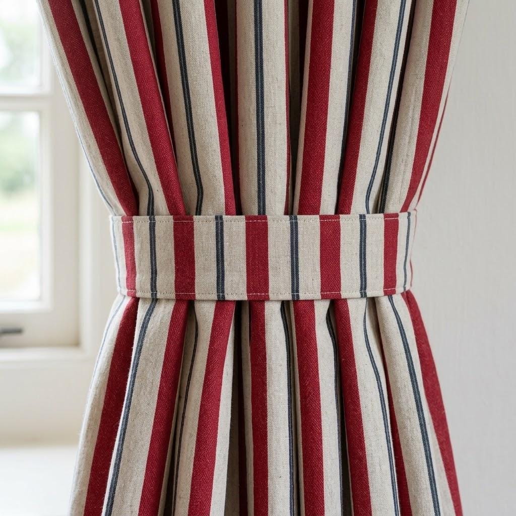 Red Navy Blue Pure Linen Stripe Curtains, Cream Farmhouse Drapes, Custom Blackout or Light Filtering — image 1