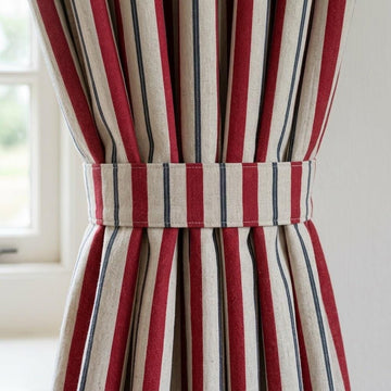 Red Navy Blue Pure Linen Stripe Curtains, Cream Farmhouse Drapes, Custom Blackout or Light Filtering — image 1