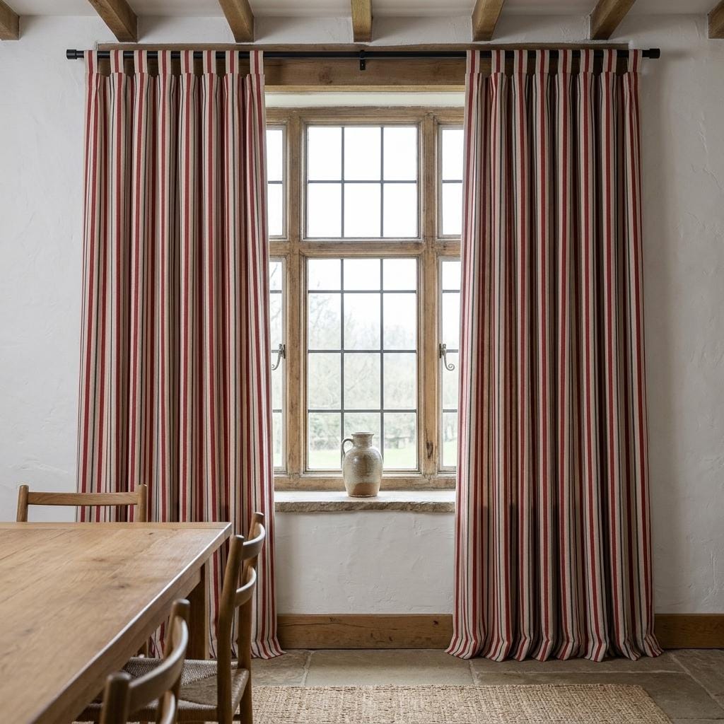 Red Navy Blue Pure Linen Stripe Curtains, Cream Farmhouse Drapes, Custom Blackout or Light Filtering — image 6