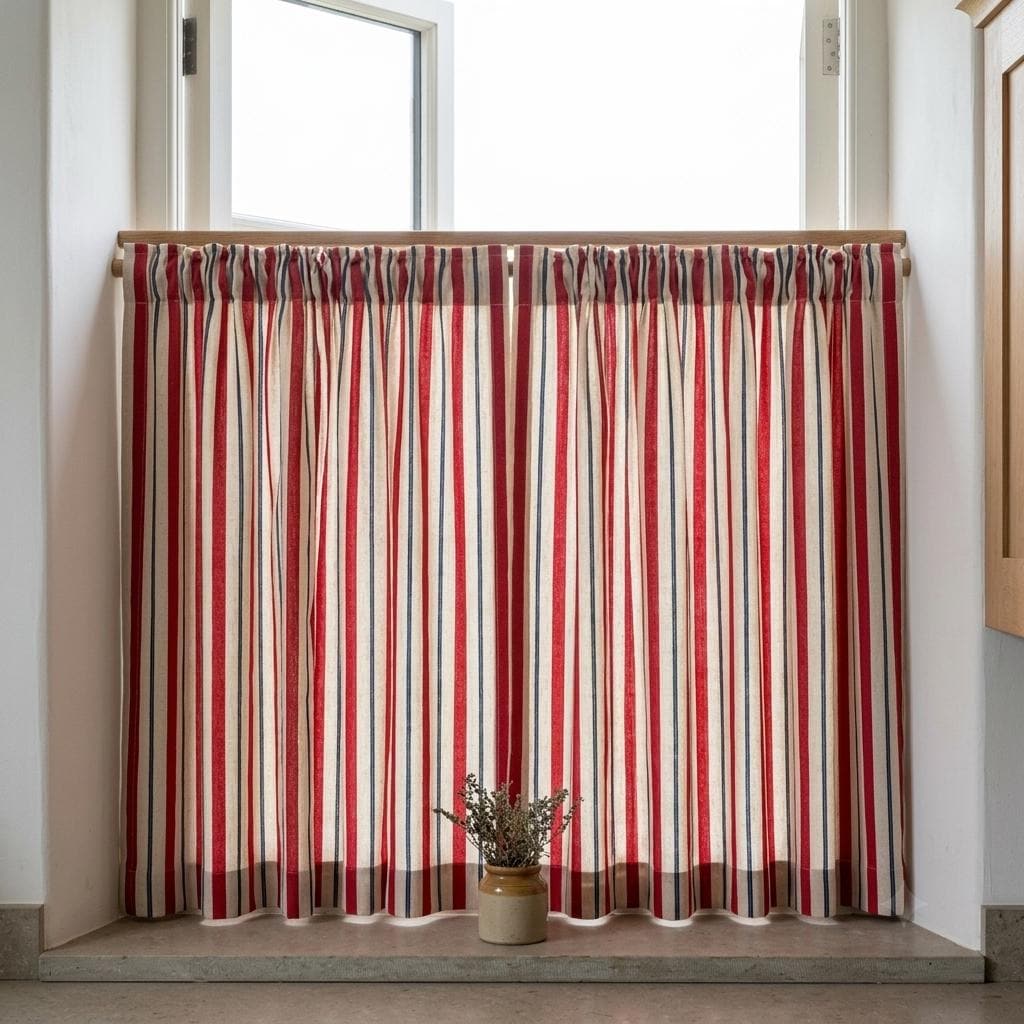 Red Navy Blue Pure Linen Stripe Curtains, Cream Farmhouse Drapes, Custom Blackout or Light Filtering — image 7