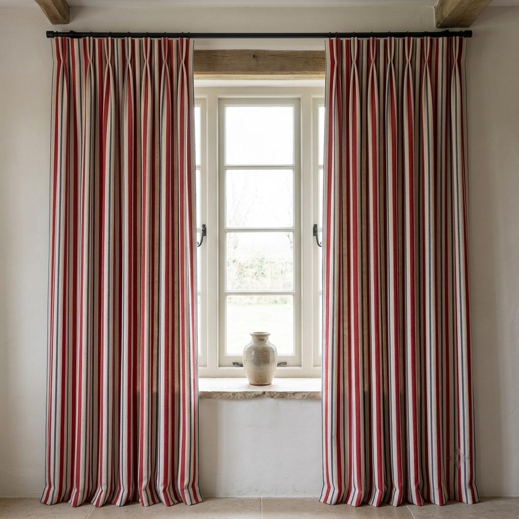 Red Navy Blue Pure Linen Stripe Curtains, Cream Farmhouse Drapes, Custom Blackout or Light Filtering — image 9