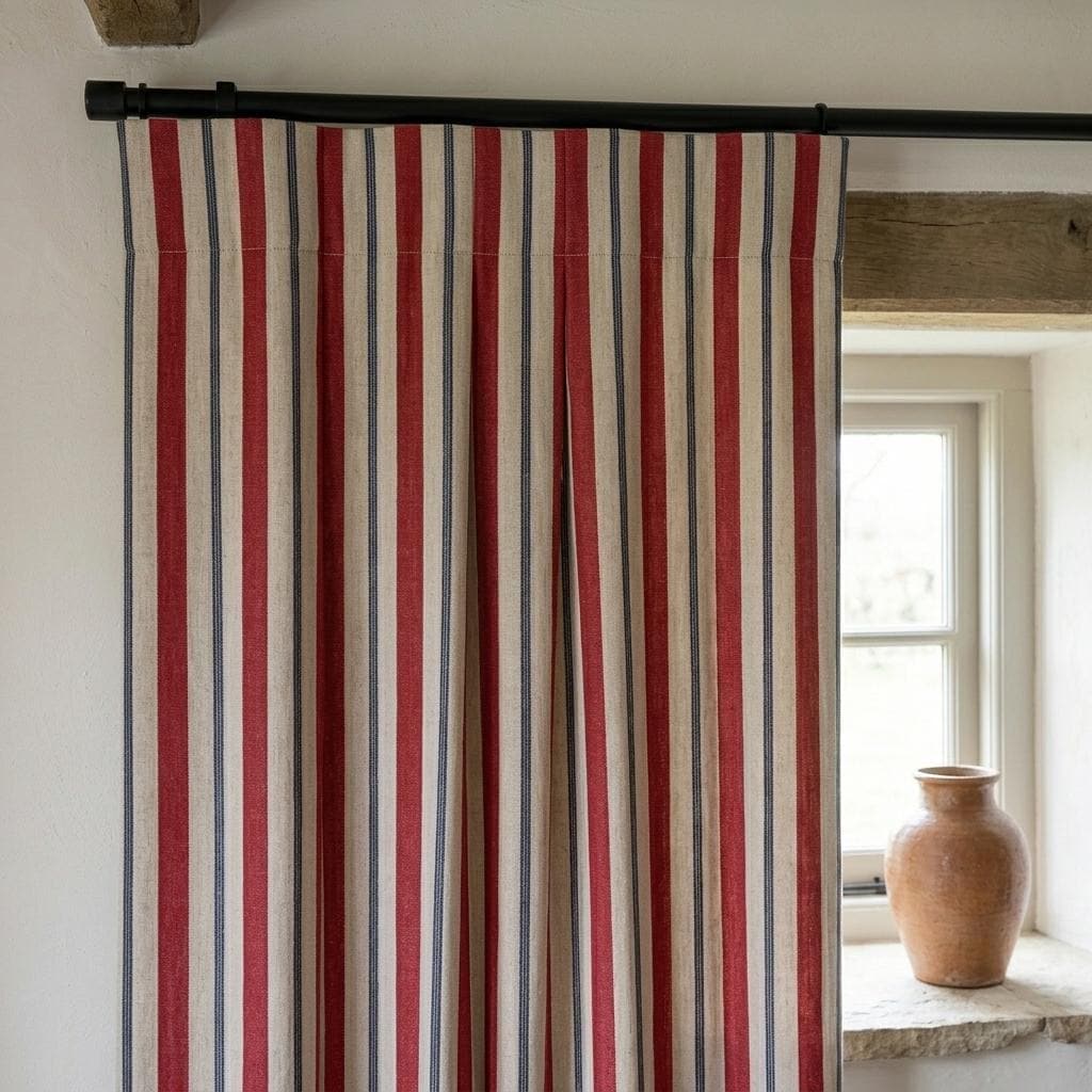 Red Navy Blue Pure Linen Stripe Curtains, Cream Farmhouse Drapes, Custom Blackout or Light Filtering — image 8