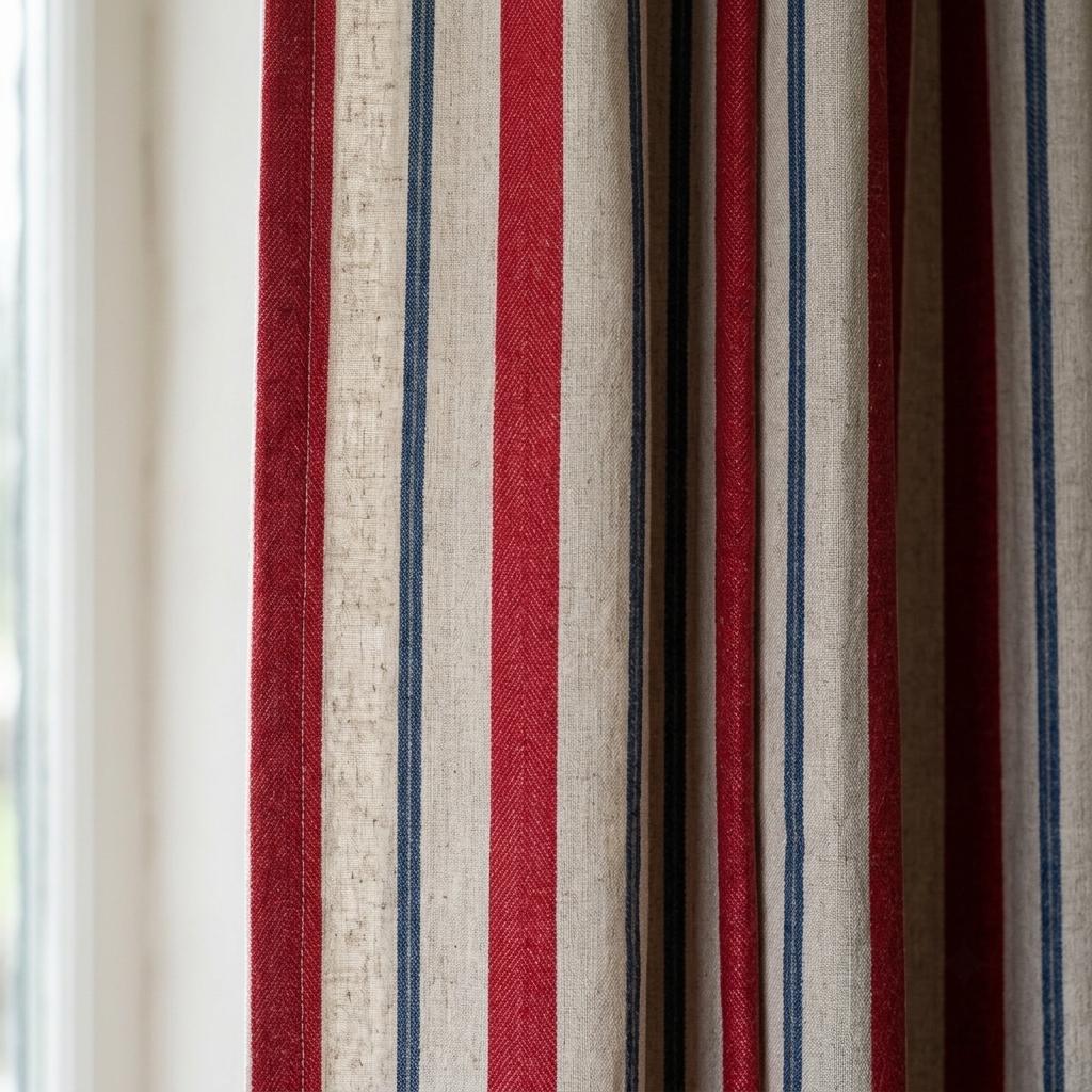 Red Navy Blue Pure Linen Stripe Curtains, Cream Farmhouse Drapes, Custom Blackout or Light Filtering — image 5