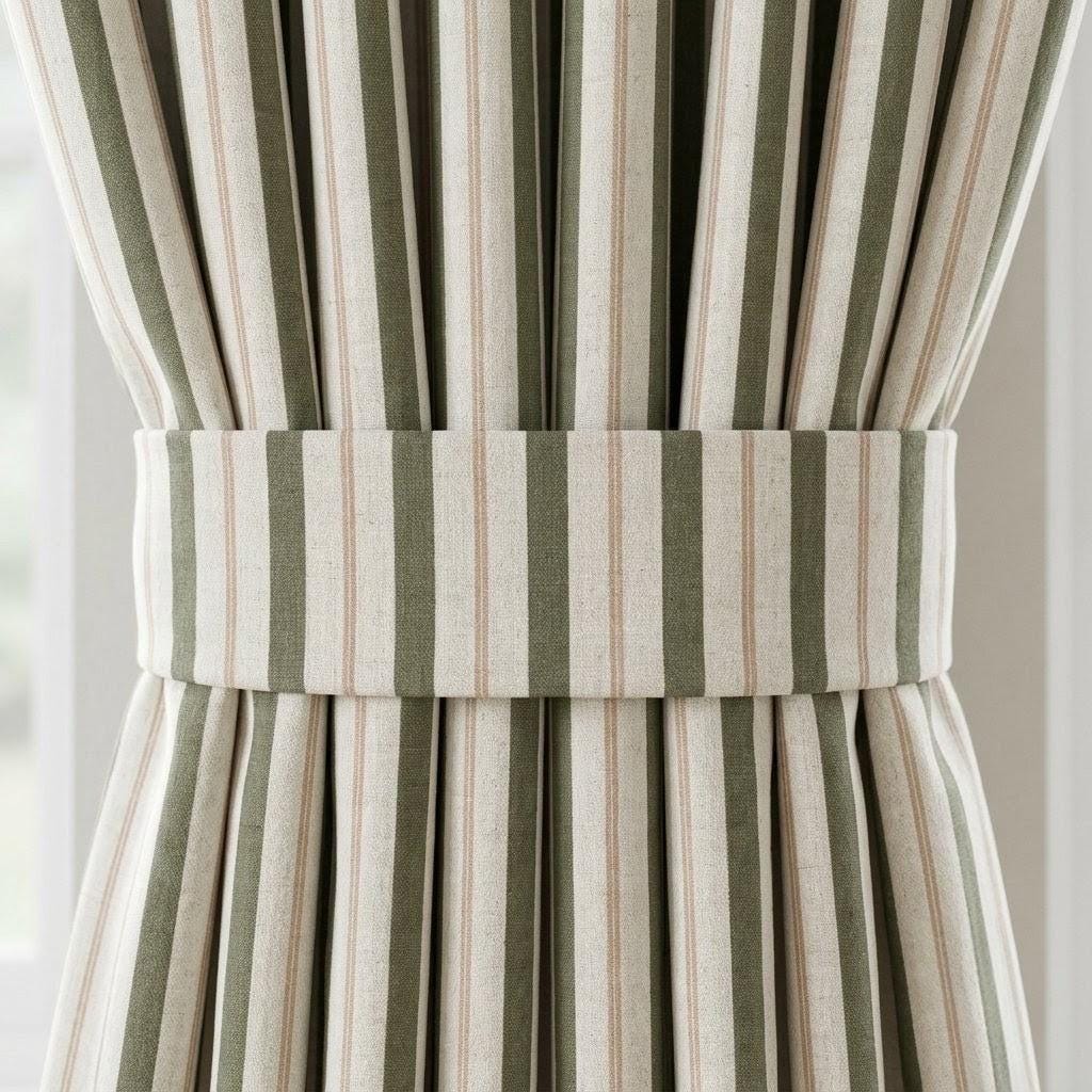 Dark Olive Green Pure Linen Farmhouse Curtains, Cream Beige Stripe Drapes, Blackout or Light Filtering — image 1