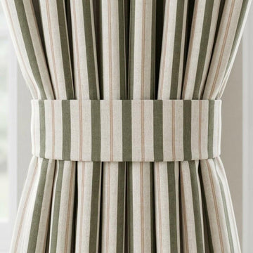 Dark Olive Green Pure Linen Farmhouse Curtains, Cream Beige Stripe Drapes, Blackout or Light Filtering — image 1