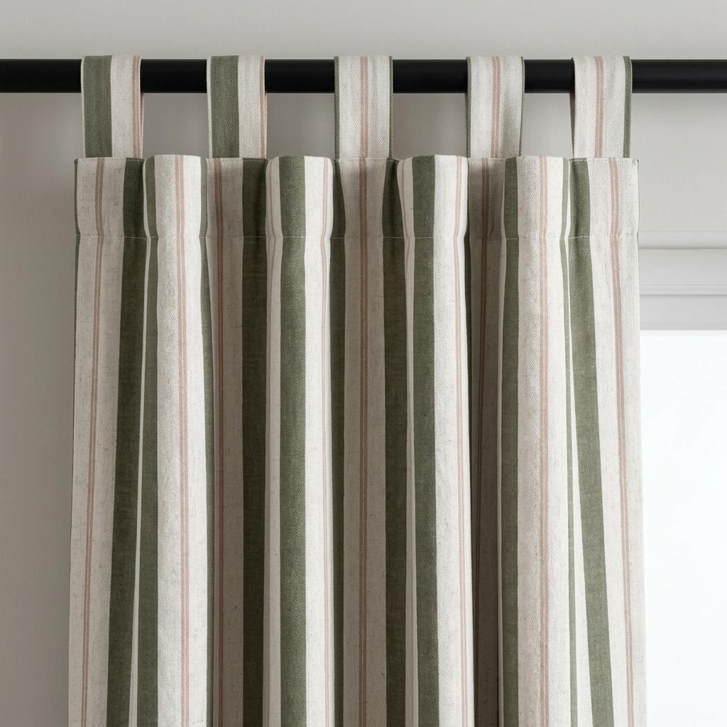 Dark Olive Green Pure Linen Farmhouse Curtains, Cream Beige Stripe Drapes, Blackout or Light Filtering — image 3