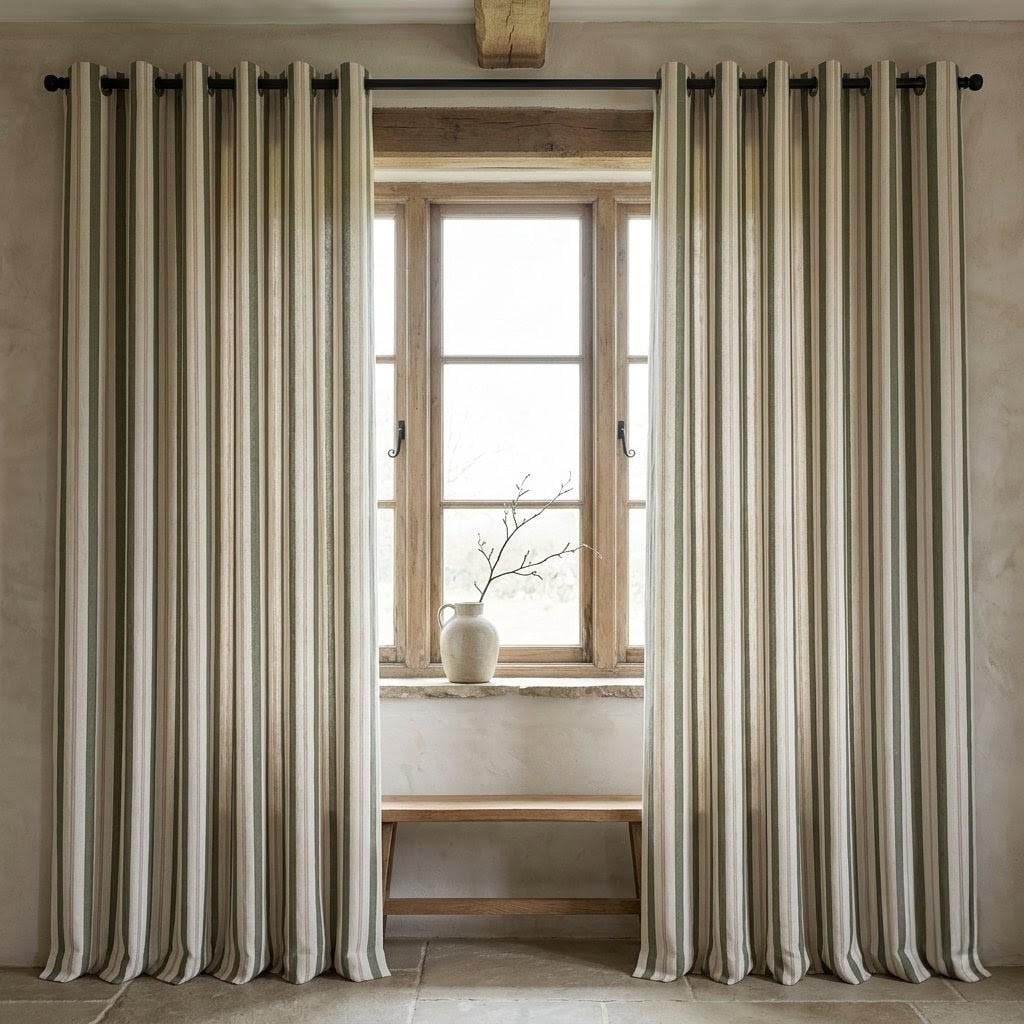 Dark Olive Green Pure Linen Farmhouse Curtains, Cream Beige Stripe Drapes, Blackout or Light Filtering — image 5