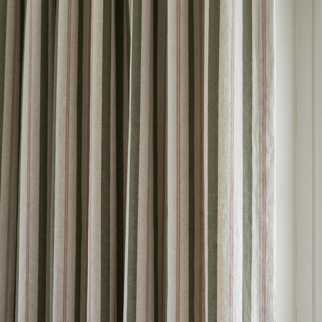 Dark Olive Green Pure Linen Farmhouse Curtains, Cream Beige Stripe Drapes, Blackout or Light Filtering — image 10