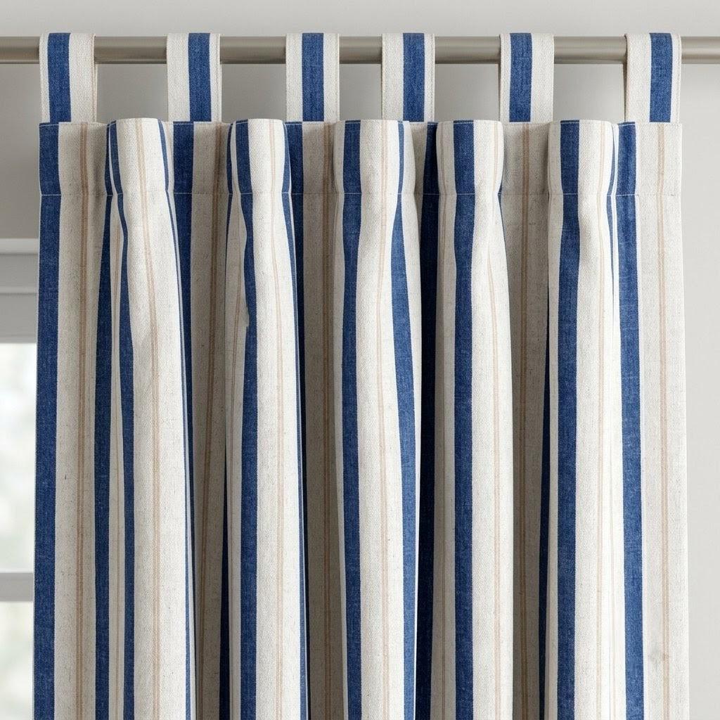 Navy Blue Pure Linen Farmhouse Stripe Curtains, Cream Beige Drapes, Custom Blackout or Light Filtering — image 1