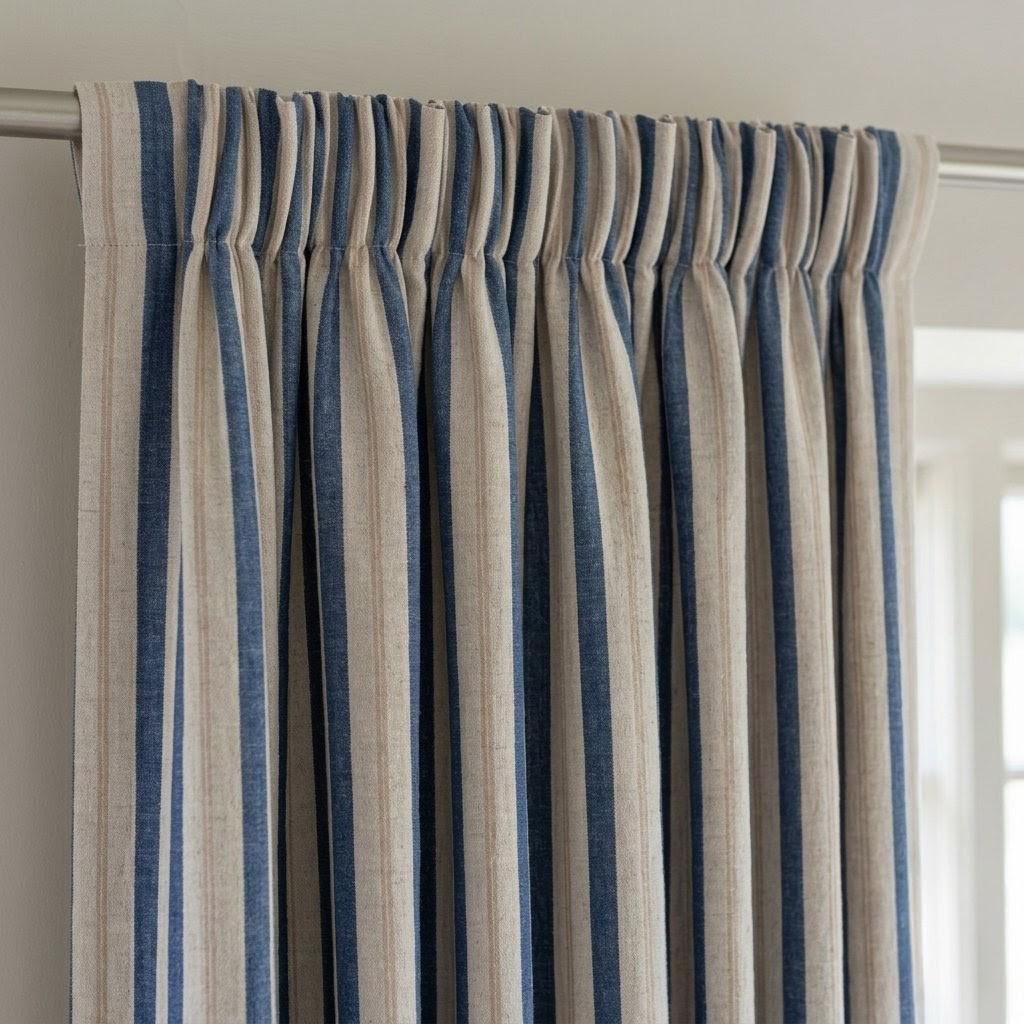 Navy Blue Pure Linen Farmhouse Stripe Curtains, Cream Beige Drapes, Custom Blackout or Light Filtering — image 7