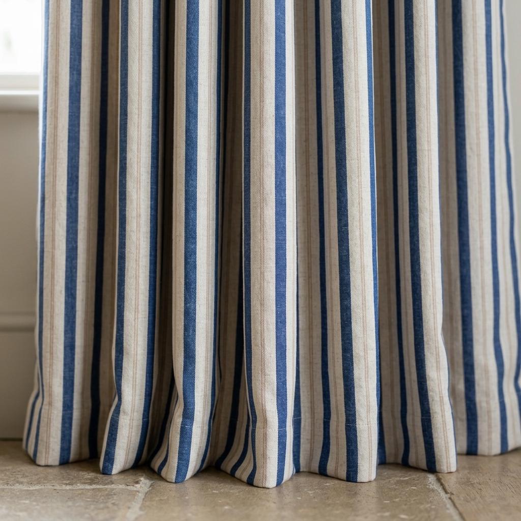 Navy Blue Pure Linen Farmhouse Stripe Curtains, Cream Beige Drapes, Custom Blackout or Light Filtering — image 5