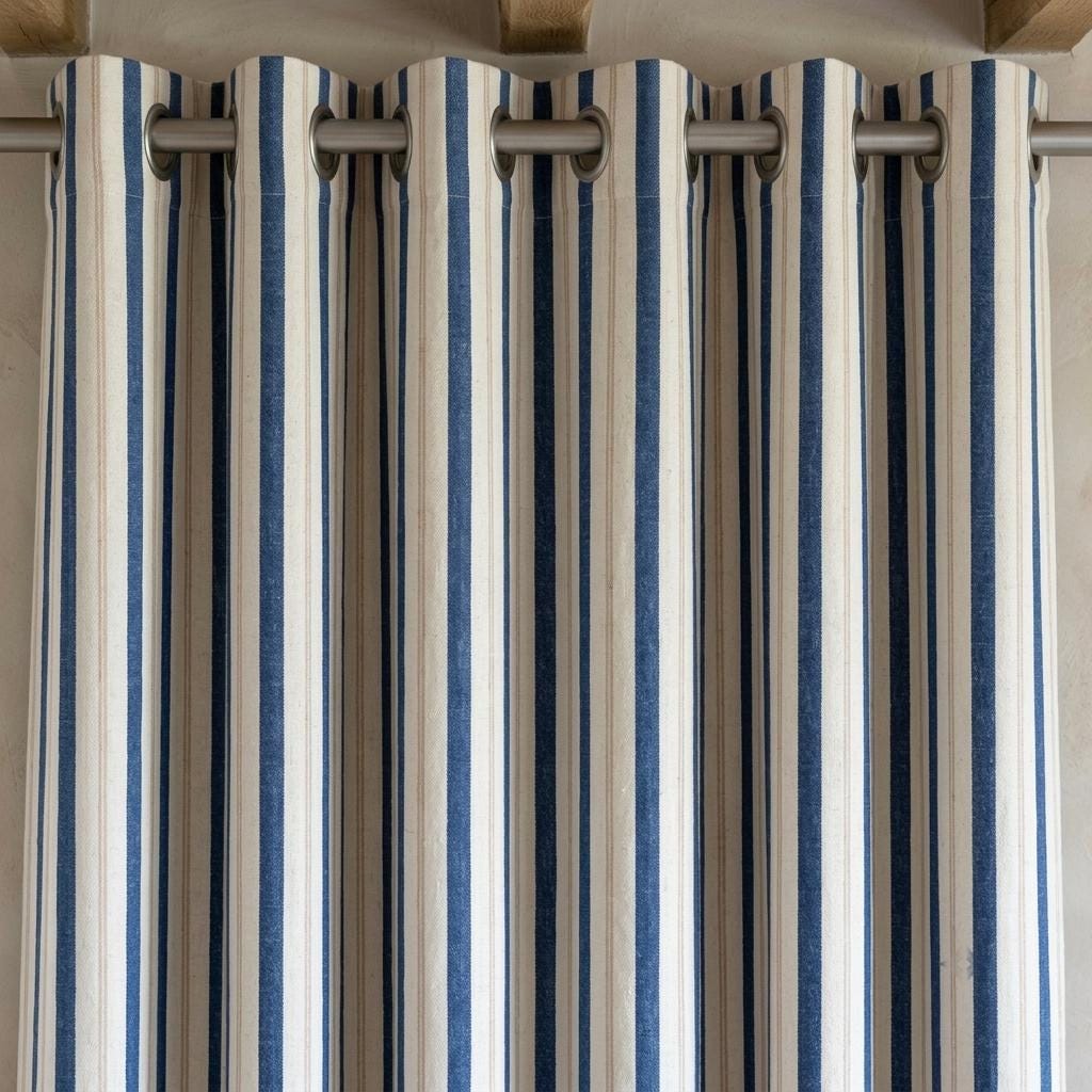 Navy Blue Pure Linen Farmhouse Stripe Curtains, Cream Beige Drapes, Custom Blackout or Light Filtering — image 3