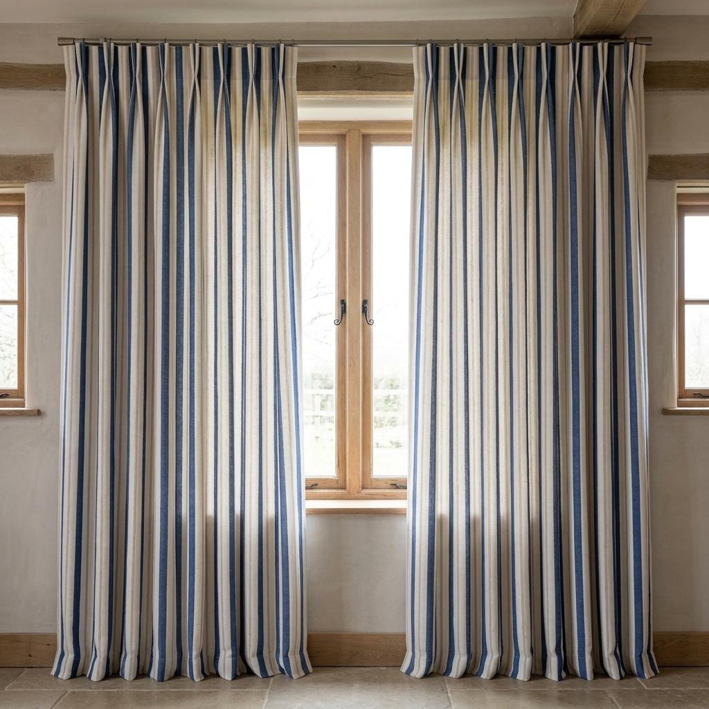 Navy Blue Pure Linen Farmhouse Stripe Curtains, Cream Beige Drapes, Custom Blackout or Light Filtering — image 4