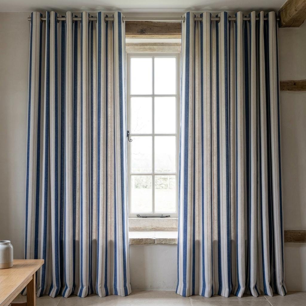 Navy Blue Pure Linen Farmhouse Stripe Curtains, Cream Beige Drapes, Custom Blackout or Light Filtering — image 9